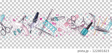 Hand painted manicure tools on watercolor colored stains horizontal seamless banner. Buffer, pusher, clippers, brush, cuticle scissors, emery board. Cosmetic instruments in pink, turquoise colors. 122801823