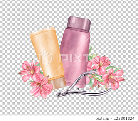 Plastic tubes with cream or hand lotion, steel cuticle nipper among pink flowers watercolor illustration isolated on white background. Gentle hygienic hand care, body treatment for salon advertising Plastic tubes with cream or hand lotion, steel cuticle nipper among pink flowers watercolor illustration isolated on white background. Gentle hygienic hand care, body treatment for salon advertising 122801824