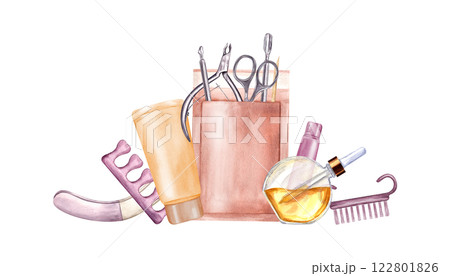 Manicure tools watercolor illustration isolated background. Hand cream, cosmetic oil, metallic cuticle trimmer, nail clippers and scissors in paper bag. Nail care accessories for beauty salon, label Manicure tools watercolor illustration isolated background. Hand cream, cosmetic oil, metallic cuticle trimmer, nail clippers and scissors in paper bag. Nail care accessories for beauty salon, label 122801826