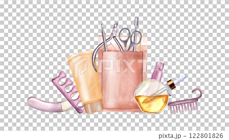 Manicure tools watercolor illustration isolated background. Hand cream, cosmetic oil, metallic cuticle trimmer, nail clippers and scissors in paper bag. Nail care accessories for beauty salon, label 122801826