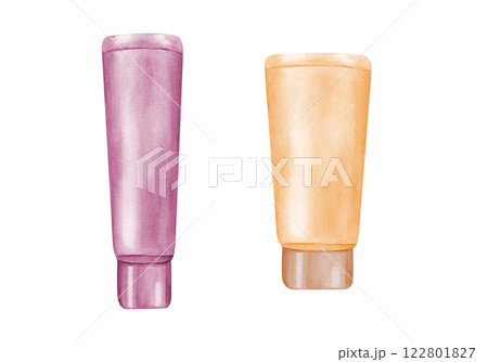 Two plastic tubes without label for hand cream, body lotion, gel or hair shampoo watercolor illustration isolated background. Cosmetic care, treatment elements for package design, template as mock up 122801827