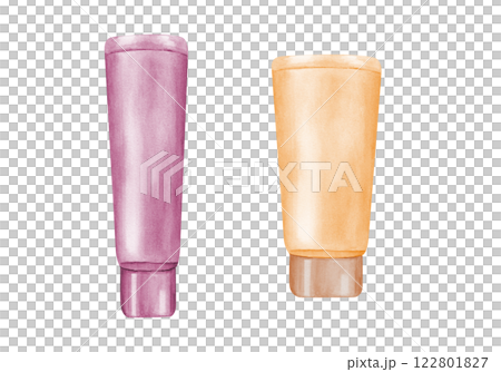 Two plastic tubes without label for hand cream, body lotion, gel or hair shampoo watercolor illustration isolated background. Cosmetic care, treatment elements for package design, template as mock up 122801827