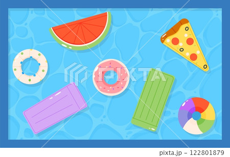 Rubber mattress and rings in water pool. Swimming accessories on water surface, inflatable toys watermelon, donut and pizza slice. summer vacation vector background Rubber mattress and rings in water pool. Swimming accessories on water surface, inflatable toys watermelon, donut and pizza slice. summer vacation vector background 122801879