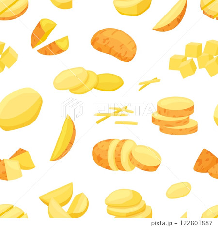 Raw potato seamless pattern. Isolated potatoes cutting, cubes, stripes, slices. Vegetable food print design for fabric, wallpaper, wrapping, vector background Raw potato seamless pattern. Isolated potatoes cutting, cubes, stripes, slices. Vegetable food print design for fabric, wallpaper, wrapping, vector background 122801887