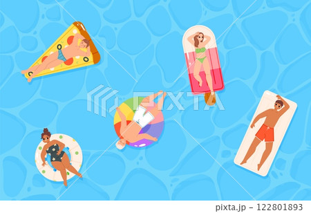 People floating on inflatable toys on water surface top view. Teens on rubber rings and mattress swimming in sea or ocean. Summer vacations on beach, vector scene 122801893