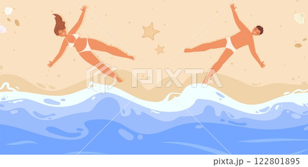 Happy boy and girl on beach sand. People in swimsuits sunbathing, lying on ocean or sea coast. Seasonal summer vacation, leisure outdoor, vector scene 122801895