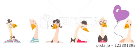 Goose heads banner. Cartoon geese in different emotions and hats. Adorable farm birds characters poster, childish animals with accessories, vector set 122801898