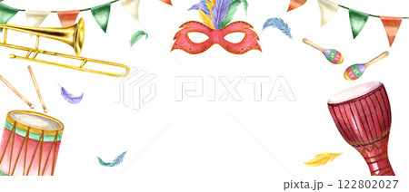 Watercolor music wind and percussion instruments, carnival mask, with feathers, flag garland horizontal frame isolated background. Masquerade parade illustration for invitation, greeting card 122802027