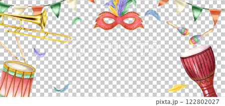 Watercolor music wind and percussion instruments, carnival mask, with feathers, flag garland horizontal frame isolated background. Masquerade parade illustration for invitation, greeting card 122802027