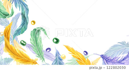 Watercolor bird feathers, beads in Mardi Gras carnival colors border with empty space for text. Colorful natural plume illustration isolated background. For holiday greeting cards, invitation 122802030