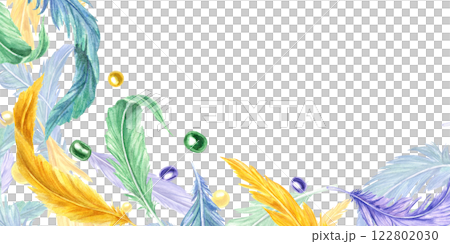 Watercolor bird feathers, beads in Mardi Gras carnival colors border with empty space for text. Colorful natural plume illustration isolated background. For holiday greeting cards, invitation 122802030