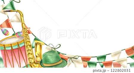 Carnival accessories, music instruments, flag garlands horizontal frame with copy space for text. Holiday watercolor illustration isolated background. Mardi Gras, Brazilian, Venetian musical festival 122802031