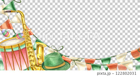 Carnival accessories, music instruments, flag garlands horizontal frame with copy space for text. Holiday watercolor illustration isolated background. Mardi Gras, Brazilian, Venetian musical festival 122802031