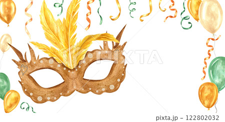 Golden mask with yellow bird feathers, ribbons, balloons rectangle frame with empty space for text. Mardi Gras, Brazilian, Venetian masquerade watercolor illustration isolated background. Golden mask with yellow bird feathers, ribbons, balloons rectangle frame with empty space for text. Mardi Gras, Brazilian, Venetian masquerade watercolor illustration isolated background. 122802032
