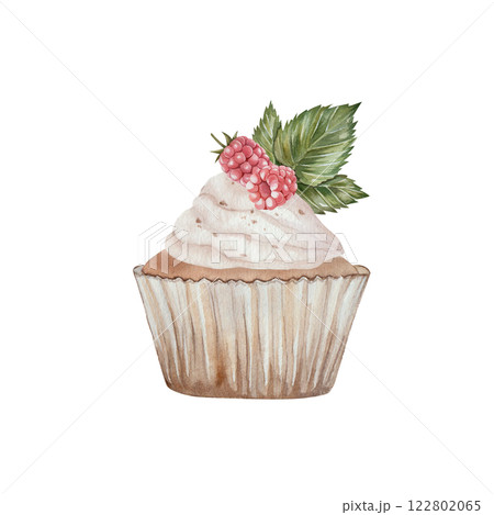 Cupcake with raspberries, cream and green leaves. watercolor illustration of sweets. Hand drawn, isolated on a white background. For printing, kitchen, cooking, textiles, holidays 122802065