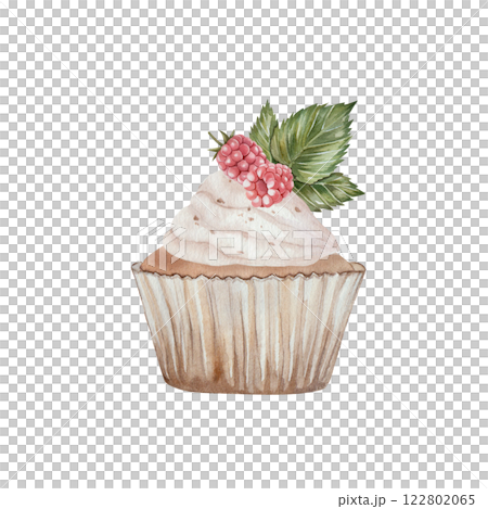 Cupcake with raspberries, cream and green leaves. watercolor illustration of sweets. Hand drawn, isolated on a white background. For printing, kitchen, cooking, textiles, holidays 122802065