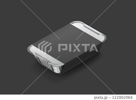 Blank aluminium foil container with black label mockup, dark background 122802068
