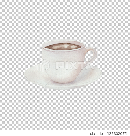 White cup of hot coffee on a saucer. Watercolor illustration. The elegant and minimalist design is ideal for cafe, kitchen decor, vintage artwork. Isolated on white background, hand drawn White cup of hot coffee on a saucer. Watercolor illustration. The elegant and minimalist design is ideal for cafe, kitchen decor, vintage artwork. Isolated on white background, hand drawn 122802075