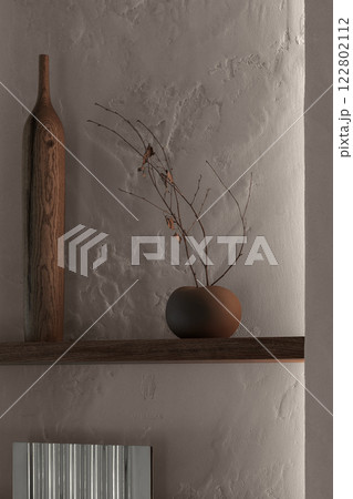 Wabi sabi decoration elements for living room. Textured clay wall, handmade irregular shaped ceramic vase with autumn tree branch and solid oak handmade tall vase. 122802112