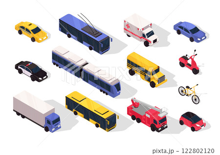 Transport 3d isometric mega set in flat design. Collection isometry elements of taxi car, trolleybus, ambulance, police auto, tram, school bus, scooter, bicycle, truck, other. Vector illustration. 122802120
