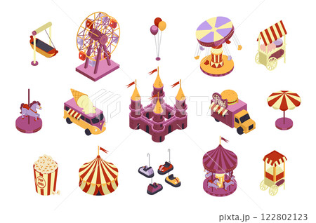 Amusement park 3d isometric mega set in flat design. Collection isometry elements of different carousels, ferris wheel, balloons, street food kiosk, magic castle, circus, other. Vector illustration. 122802123