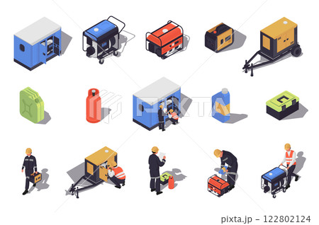 Generators maintenance 3d isometric mega set in flat design. Collection isometry elements of different types of portable electric power generators, canisters, technicians, other. Vector illustration. Generators maintenance 3d isometric mega set in flat design. Collection isometry elements of different types of portable electric power generators, canisters, technicians, other. Vector illustration. 122802124