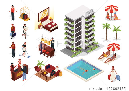 Hotel service 3d isometric mega set in flat design. Collection isometry elements of building, apartment rooms, bedroom, reception desk, pool, administrator, maid, client, other. Vector illustration. 122802125