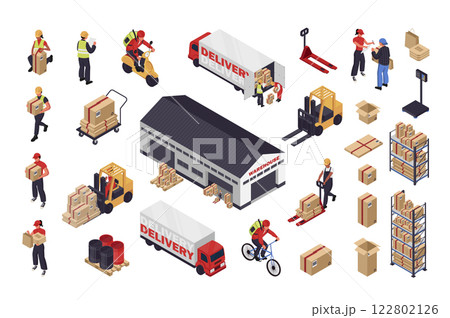 Delivery 3d isometric mega set in flat design. Collection isometry elements of operators, workers with parcel boxes, couriers, packaging, warehouse, truck transportation, other. Vector illustration. Delivery 3d isometric mega set in flat design. Collection isometry elements of operators, workers with parcel boxes, couriers, packaging, warehouse, truck transportation, other. Vector illustration. 122802126