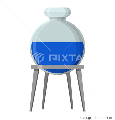 Round Laboratory Flask with Blue Liquid on Tripod for Chemistry Experiments 122802136