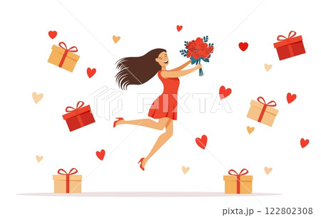 Happy woman celebrating with gifts and flowers 122802308