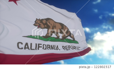 State flag of California waving in the wind. Blue sky background. 3d illustration 122802317