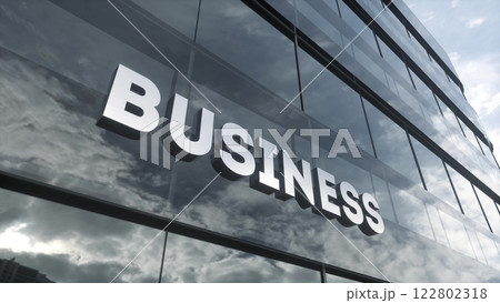 Business sign on glass building. Mirrored sky and city on modern facade. Business and finance concept. 3d illustration Business sign on glass building. Mirrored sky and city on modern facade. Business and finance concept. 3d illustration 122802318
