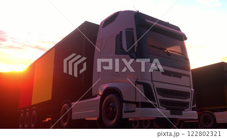 Cargo trucks with Belgium flag. Trucks from Belgium loading or unloading at warehouse dock. 3d illustration Cargo trucks with Belgium flag. Trucks from Belgium loading or unloading at warehouse dock. 3d illustration 122802321