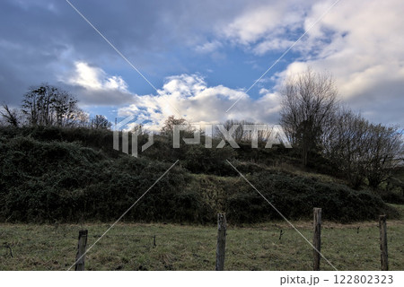 green meadow with dark sky 122802323