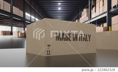 Boxes with MADE IN ITALY text on conveyor. 3d illustration Boxes with MADE IN ITALY text on conveyor. 3d illustration 122802328