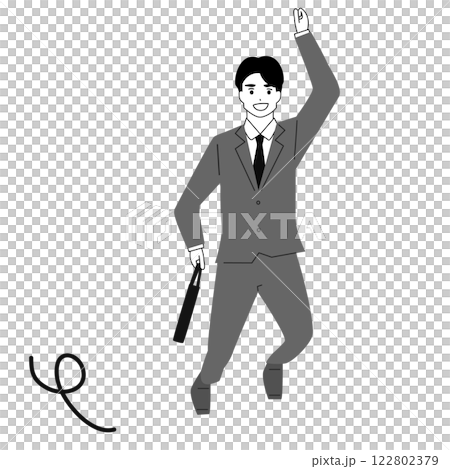 Illustration of a young man in a suit jumping energetically 122802379
