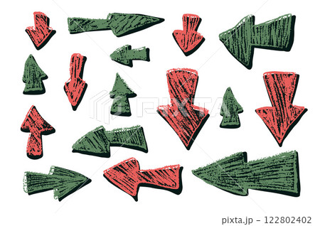 Arrow set crayon drawing. Pointers for collage isolated on white background. Red and green business direction signs. Vector hand drawn illustration 122802402