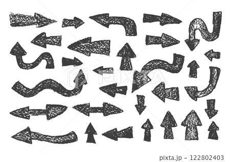 Arrow set pencil drawing. Textured effect direction pointers. Black navigation. Path marks isolated on white background. Vector hand drawn illustration 122802403