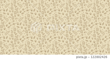 Woodland beige seamless pattern. Forest endless background. Neutral repeat cover. Surface pattern design motif. Vector hand drawn illustration. 122802426