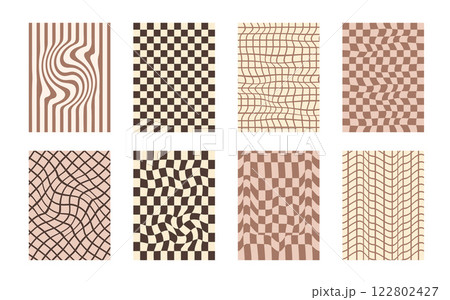 Groovy checkerboard pattern set. Psychedelic checker background pack. Trippy y2k retro vertical textures. Funky abstract poster design templates. Vector playful flat geometric wavy grid illustration 122802427