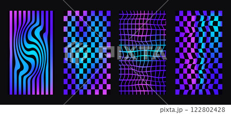 Checkerboard neon background set. Psychedelic checker gradient posters templates. Surreal chessboard with distorted grid and stripes. Y2k textures. Vector playful flat geometric wavy mosaic backdrops. Checkerboard neon background set. Psychedelic checker gradient posters templates. Surreal chessboard with distorted grid and stripes. Y2k textures. Vector playful flat geometric wavy mosaic backdrops. 122802428