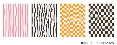 Groovy checkerboard pattern set. Psychedelic checker background pack. Trippy y2k retro vertical textures. Funky abstract poster design templates. Vector playful flat geometric wavy grid illustration Groovy checkerboard pattern set. Psychedelic checker background pack. Trippy y2k retro vertical textures. Funky abstract poster design templates. Vector playful flat geometric wavy grid illustration 122802429