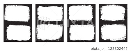 Grunge photo frames set templates. Ink paint border with rough edges for poster and banner. Retro textured overlays. Rectangular old black flyers on transparent background. Vector illustration 122802445