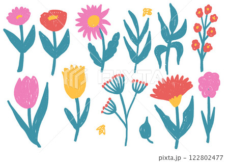 Flowers crayon drawn set. Spring tulip, daisy, aster and marguerite plants doodle set. Pastel childish floral shape. Vector pencil illustration isolated on white background 122802477