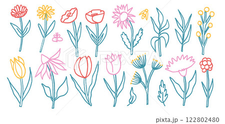 Flowers and leaves chalk drawn set. Summer floral kids elements. Pastel style childish shape. Vector naive pencil illustration on white background 122802480