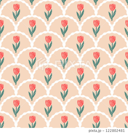 Flowers crayon drawn seamless pattern. Floral allover background. Stylized botany scallop repeat backdrop. Surface pattern design spring motif. Vector hand drawn illustration 122802481