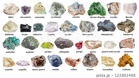 samples of various rough rocks with names cut out 122802488