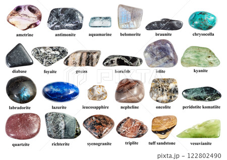 various samples of tumbled rocks with names cutout 122802490