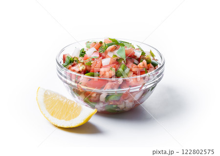 Traditional Mexican Pico de Gallo sauce isolated on white background 122802575