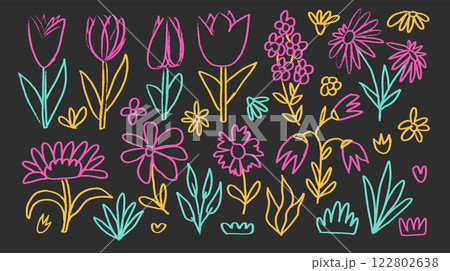 Flowers and leaves chalk drawn set on school blackboard. Summer floral kids elements. Pastel style childish shape. Vector naive pencil illustration on dark background. 122802638